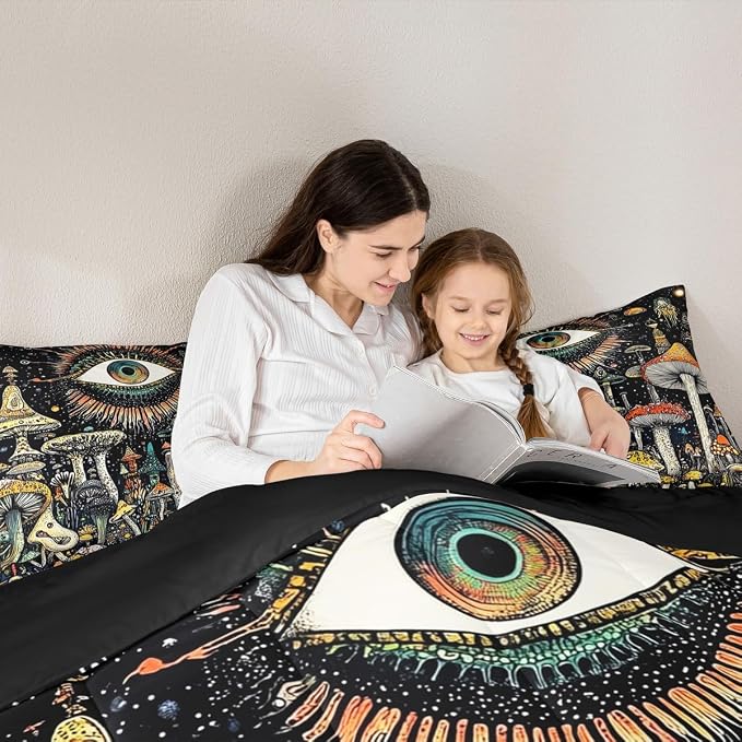 Watercolor Mushroom Comforter Sets Toddler Size,Nature Burgundy Plant Bedding Comforter for Kids Girls Boys,Botanical Leaves Starry Quilt Sets for Bedroom Decor,Duvet Insert,1 Pillowcase,Black Yellow - Image 3
