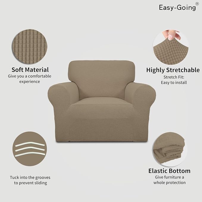 Easy-Going Stretch Chair Sofa Slipcover 1-Piece Couch Sofa Cover Furniture Protector Soft with Elastic Bottom for Kids, Pet. Spandex Jacquard Fabric Small Checks (Chair, Natural) | 1-Piece Couch Sofa Cover Furniture Protector for Living Room Soft with ... - Image 3
