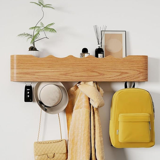 Coat Rack Wall Mount with Shelf 5 Hidden Hooks Modern Wooden Key Holder Entryway Organizer for Hallway Bedroom Bathroom Home Decor Storage for Hanging Coats Hats Bags Towels, Wave-Shape Oak by Jadoxy