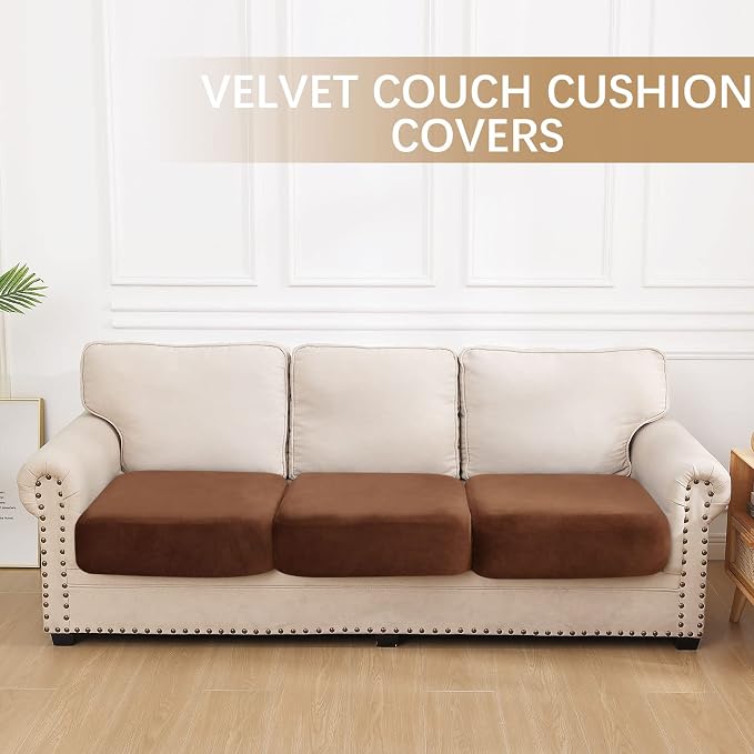 hyha Velvet Couch Cushion Covers, Sofa Covers for 3 Cushion Couch Washable | Soft Plush Sofa Slipcover, Elastic Bottom, Non-Slip Wear Resistant Furniture Protector, Ideal For Pets & Kids, 3 Pcs - Image 5