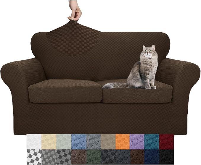 YEMYHOM Latest Checkered 3 Pieces Couch Covers for 2 Cushion Couch High Stretch Thickened Love Seat Sofa Cover for Dogs Pets Elastic Loveseat Slipcover Protector (Dark Coffee), 55"-69"(2 Cushions) by YEMYHOM