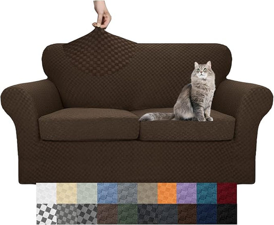 YEMYHOM Latest Checkered 3 Pieces Couch Covers for 2 Cushion Couch High Stretch Thickened Love Seat Sofa Cover for Dogs Pets Elastic Loveseat Slipcover Protector (Dark Coffee), 55"-69"(2 Cushions) by YEMYHOM
