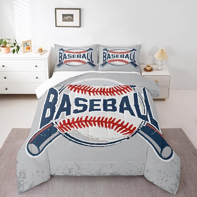 Homewish Baseball Comforter Set Vintage Sports Baseball Bedding Set 3pcs for Kids Boys Teens Sports Theme Duvet Insert Soft Polyester Down Comforter with 2 Pillowcases, Full Size - Image 5
