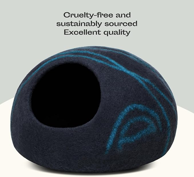 MEOWFIA Cat Cave – Premium Felt Cat Bed for Indoor Cats, Handmade 100% Merino Wool (Large, Black Aqua) - Image 5