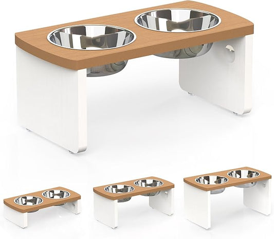 Elevated Dog Bowls, Waterproof Raised Dog Bowl for Medium Dogs, HIPS Poly Lumber Stand with 2 Stainless Steel Bowls, Indoor & Outdoor Use (7'' Tall-40 oz Bowl, Teak - White) by JoyoPawFamily