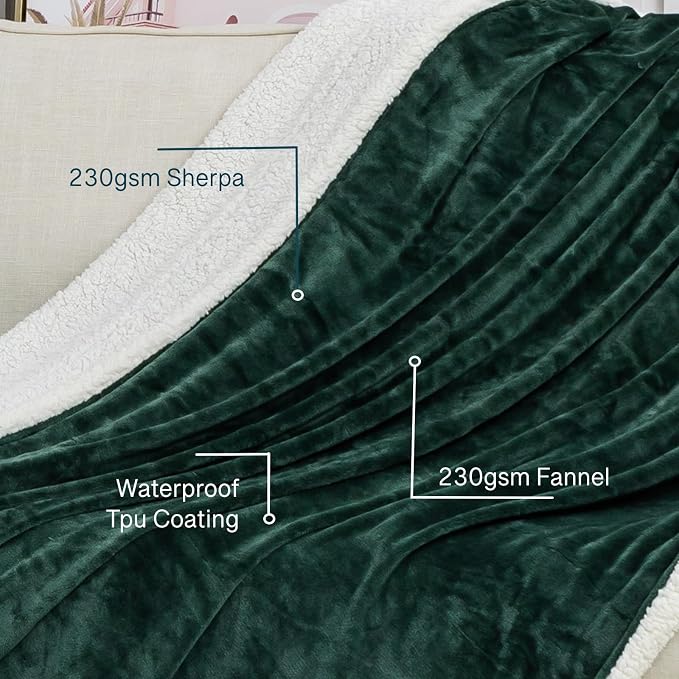 Waterproof Queen Size Blanket for Bed 60''x80'', 3 Layer Lightweight and Stain Proof Bed Blanket Water Proof & Dogs, Blankets Waterproof - Sherpa Cover Mattress Protector(Emerald Green) - Image 4