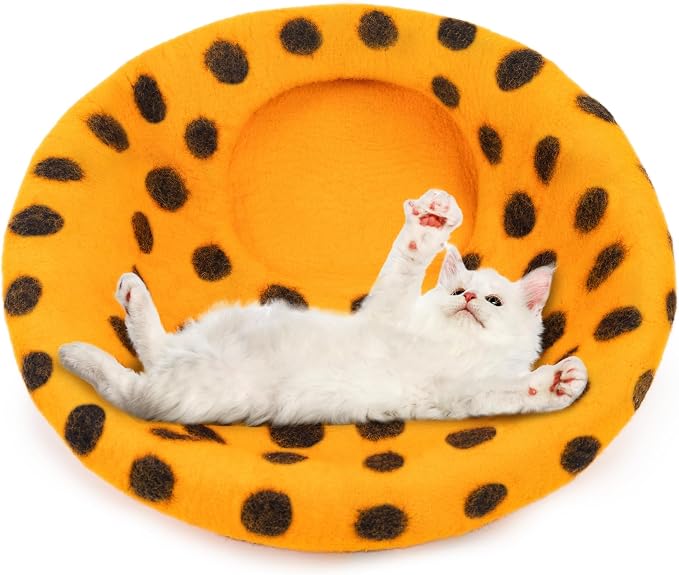 Woolygon Premium Felt Cat Cave Bed – Wool Kitty Beds Handcrafted Kitten Caves Bed for Indoor Cats - Made from Merino Wool, Foldable Cat Hideaway Covered Cat House Pod (Orange Polka) - Image 2