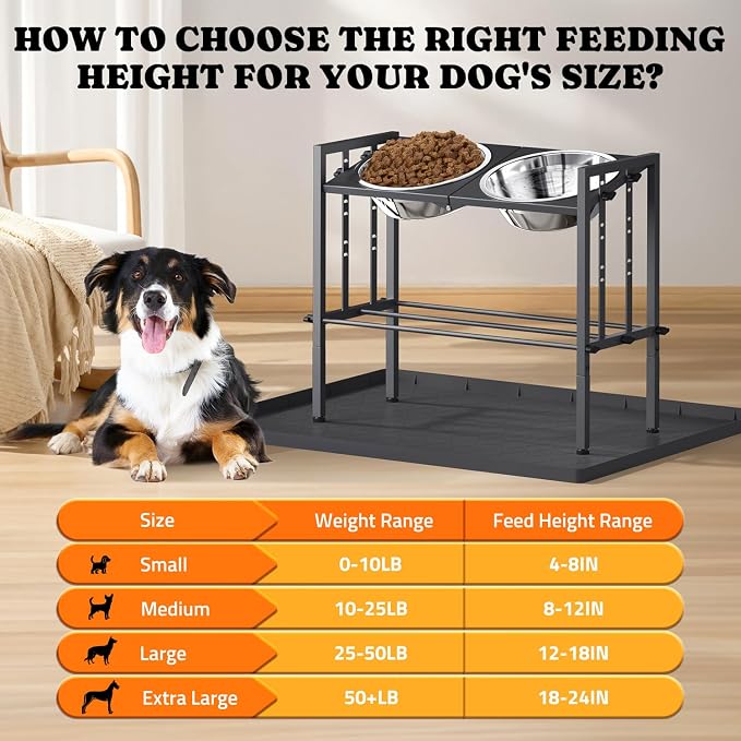 Elevated Dog Bowl for Large Breed, Height Adjustable Feeder with Mat, Black | Adjustable Height at 15°Tilted Angle, Lightweight, Nonslip, All-Iron Structure, Stainless Steel bowls, Easy Assembly Cleaning - Image 7