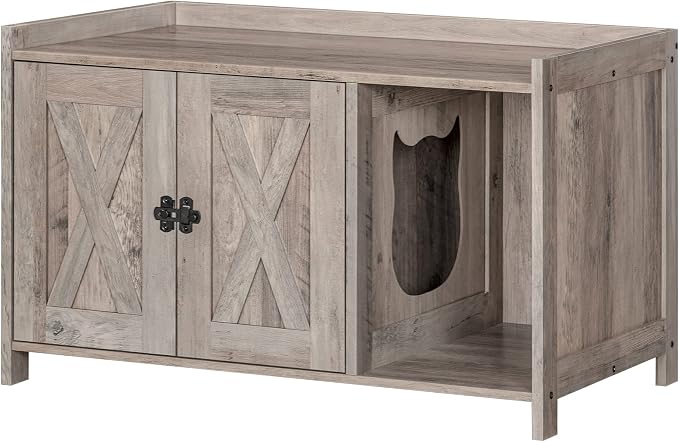 MAHANCRIS Cat Litter Box Enclosure, Hidden Litter Box Furniture with Divider, Indoor Cat House, Wooden Cat Washroom Storage Cabinet Bench, Side End Table Nightstand, Greige CWHG2501Z - Image 9