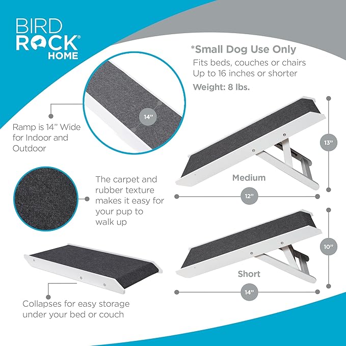 BIRDROCK HOME Adjustable Pet Ramp for Small Dogs, Cats, Puppies - Foldable Wooden Dog Ramp for Couch, Bed, Car - Indoor or Outdoor- Safe, Portable, Non-Slip Carpet - 13", White