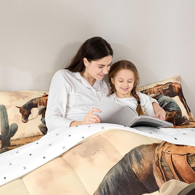 Manfei Western Horse Cowboy Comforter Sets King Size,Southwest Desert Cactus Bedding Comforter for Kids Boys,Rustic Farmhouse Style Quilt Sets for Bedroom Decor,Duvet Insert,2 Pillowcase,Beige Brown - Image 3