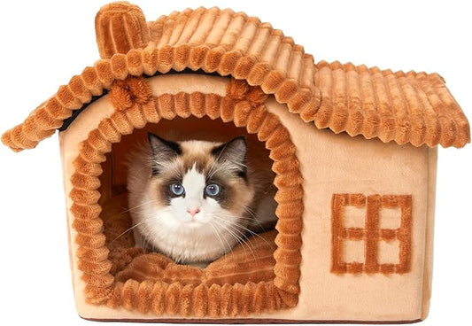 Jiupety Bear Cat Houses for Indoor Cats, Chimney Cute Cat Bed Cave, Enough Interior Space, Cartoon Soft Pet House Up to 3-10 lbs Kitten, Brown by JIUPETY