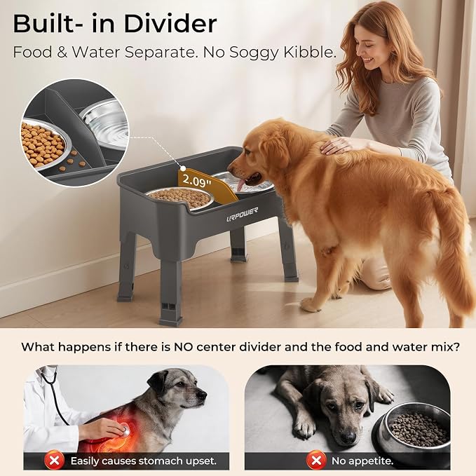 URPOWER Mess Proof Elevated Dog Bowls, Splash Guard Raised Bowl Stand | 4 Height Adjustable Raised Stand with 2 Stainless Steel Food Bowls & Licking Plate for Small, Medium & Large Dogs - Image 4