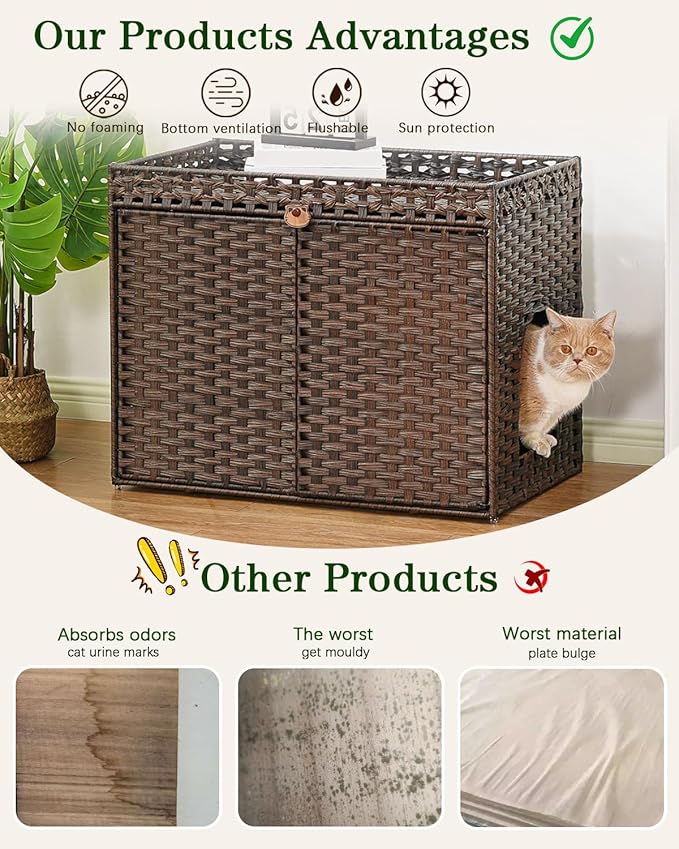 SETVSON Cat Litter Box Enclosure Furniture, Handwoven Rattan Hidden Litter Box with Mat, Large Space Cat House with 2 S-Shaped Hooks, 30.3 x 18.3 x 24.4 Inches, Indoor for Living Room Apartment Brown - Image 3