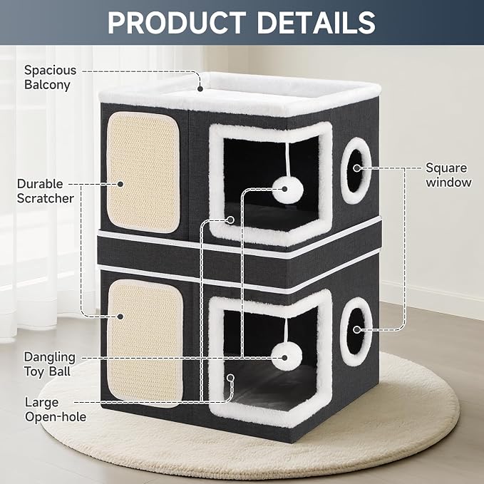 Shikha 2 Story Cat House beds for Indoor Cats with Scratch Pads Black | 2 in 1 Dual Use Double Cat Bed Cave for Multiple Pets Kitten, Elevated Perch for a Wide View, All Season Reversible Cushion - Image 4