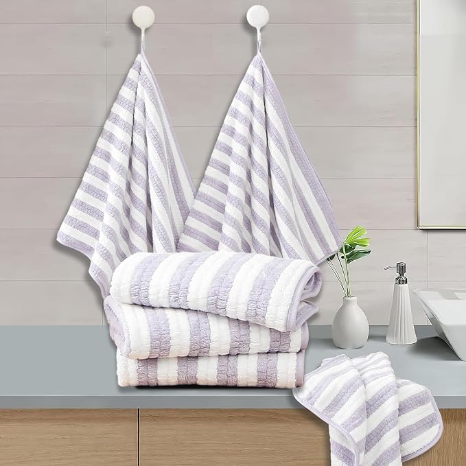 18-Piece Microfiber Bath Towels Set - 6 Bath Sheet, 6 Hand Towels, 6 Washcloths, Soft, Highly Absorbent Bathroom Towel, Quick Dry & Less Lint Shower towel for Bathroom, Hotel, Spa, Dorm-Light Purple - Image 7