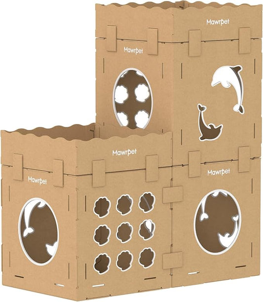 DIY Cat House with Scratcher Cardboard, Condo with Scratching Pads,Cats Play House, DIY Modular Cat Boxes, Indoor Kitty Scratcher Hideout for One or More Cats, Cat Tower Castle Tunnel, 5 Parts by Mawrpet