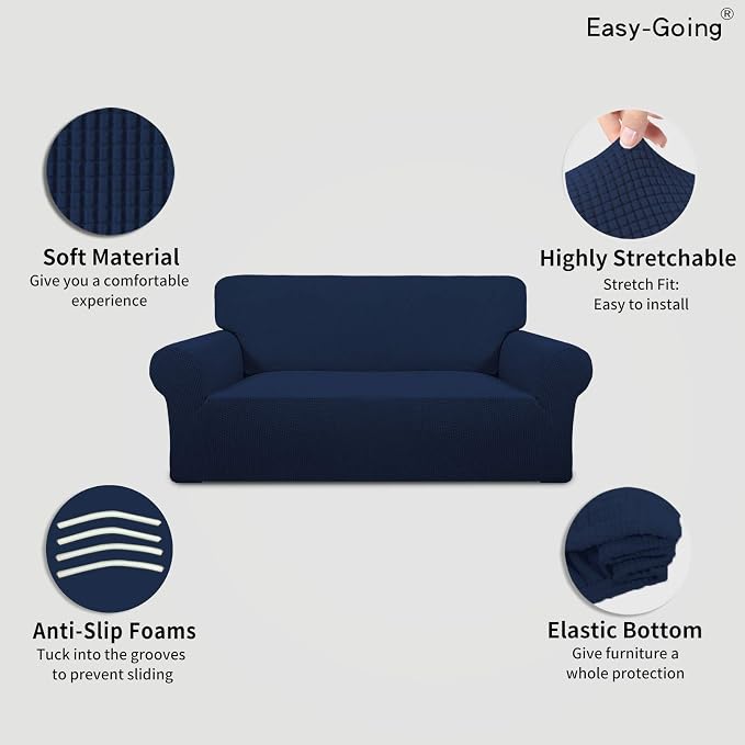Easy-Going Stretch Oversized Loveseat Couch Covers Washable Navy | 1-Piece Large Loveseat Cover for 2 Cushion Couch Furniture Protector RV Sofa Slipcover Soft with Bottom for Kids Pets - Image 3
