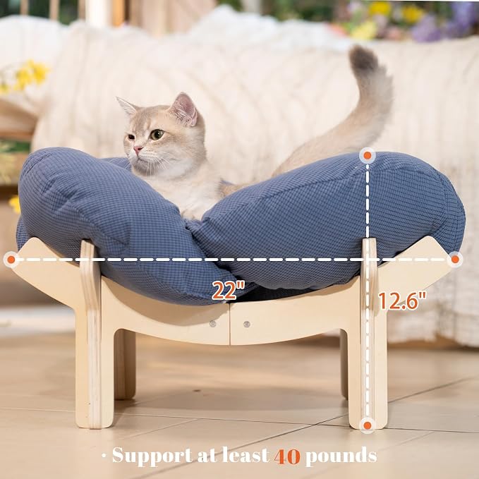 CHEERHOME PETS Elevated Cat Bed Wooden with Cushion Fluffy Pet Couch Sofa for Indoor Cats Raised Kitty Lounge Chair Suitable for Puppy, Cat Furniture(Deep Blue) - Image 4