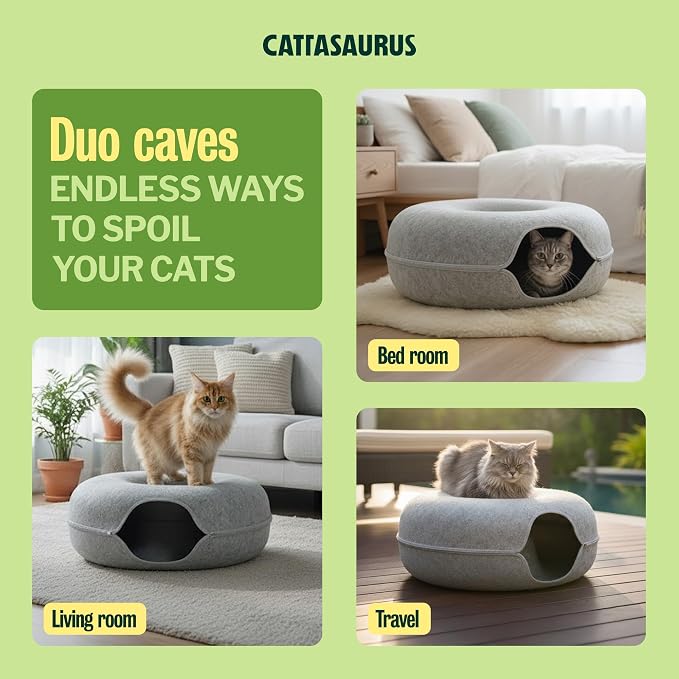 Cattasaurus Peekaboo Cat Cave Duo Jumbo Set, Extra Spacious Cat Donut for Multiple & Large Kitty 15+ lbs, Scratch Detachable Cat Beds for Indoor Cats, Washable Cat Tunnel Bed, Best Kitten Toys - Image 3