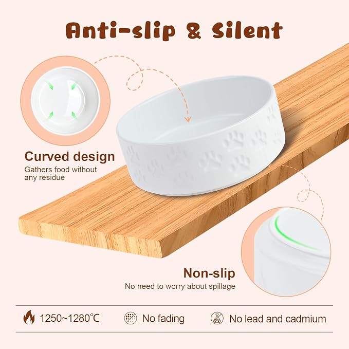 SPUNKYJUNKY Ceramic Elevated Dog Bowl Set with Acacia Wood Stand for Food and Water for Medium Dogs (42.27 OZ, White, Dog Paw Pattern) - Image 4