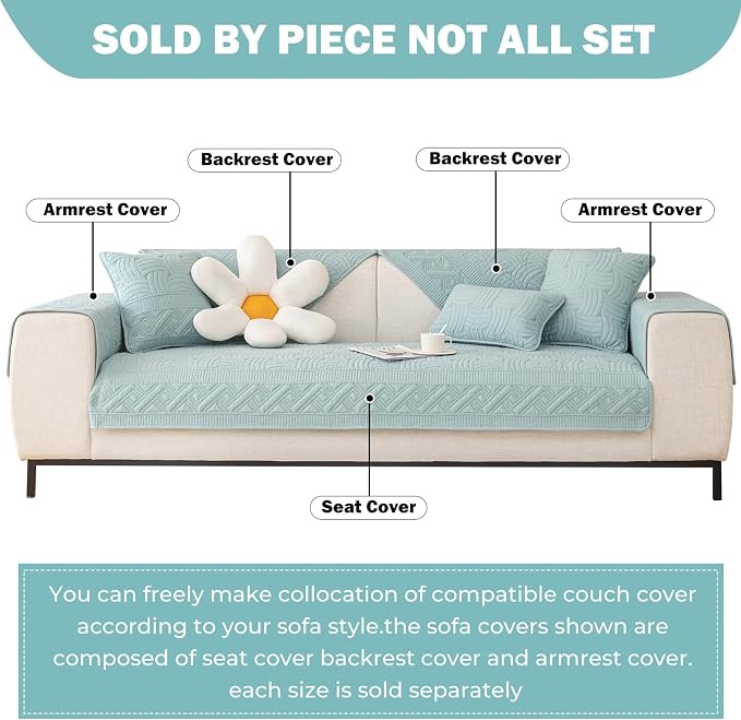vctops Solid Color Cotton Quilted Sofa Couch Cover Weave Pattern Soft Sectional Couch Covers Embroidery Non-Slip Sofa Slipcover for Dogs, Children, Pets Furniture Protector (Blue,28"x47") - Image 2