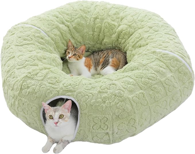 PEQULTI Cat Tunnel with Bed for Indoor Cats, Cat Play Donut Tunnel with Washable Soft Plush Mat, Round Tube Toys Cute Tube for Kittens, Puppies, Rabbits and Ferrets, Green by PEQULTI