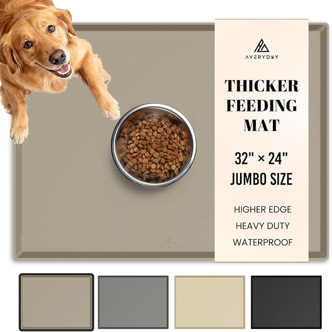 AVERYDAY 100% Waterproof Thicker Silicone Dog Food Mat, 0.63'' Raised Edge Bowl Mat for Food & Water, Non Slip Pet Feeding Placemat for Messy Drinkers, Perfect for Large Medium Small Breeds, 32"x24" by YourAveryDay