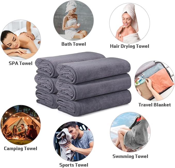 Mixweer 6 Pcs Oversized Bath Towels, 40 x 80 Inch Giant Microfiber Jumbo Bath Sheets Soft Bathroom Microfiber Quick Dry Absorbent Shower Towels for Spa Camping Beach(Dark Gray) - Image 7