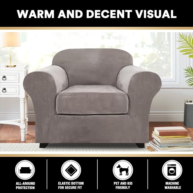 PrinceDeco Velvet Plush Couch Cover Stretch 2 Piece Chair Cover Chair Slipcover Washable Furniture Protector Couch Soft with Elastic Bottom Armchair Cover Width Up to 49 Inch(Small, Taupe) - Image 7