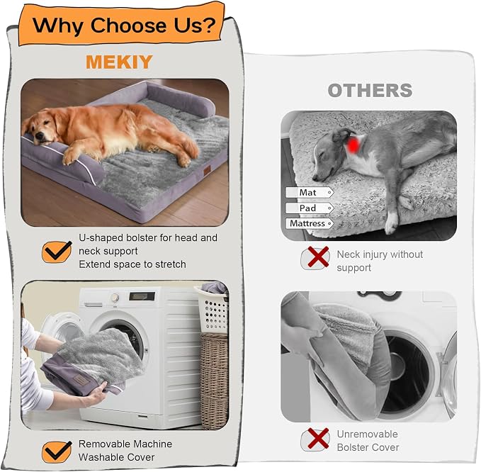 MEKIY Orthopedic Waterproof Jumbo Dog Bed with Bolster for Extra Large Dogs | Pillow Support for Neck Relief, Egg Crate Foam, Waterproof Liner, Anti-Slip Bottom, Removable Bolster Cover, 53 x 42 Inch - Image 4