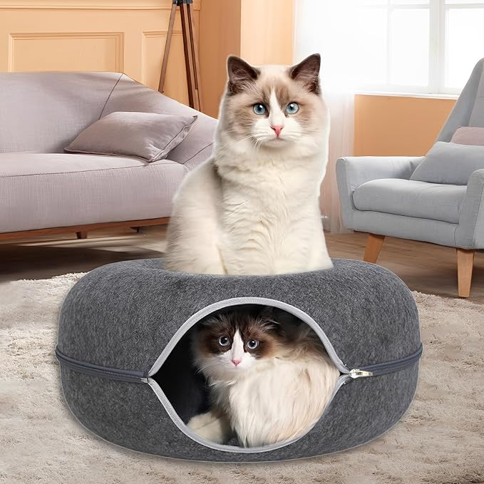 24inch-Tunnel Bed for Indoor,cattasaurus Peekaboo cat cave for Multiple,Detachable Felt Felt Washable Interior for Indoor Cats,Donut Tunnel (Dark Grey) - Image 7