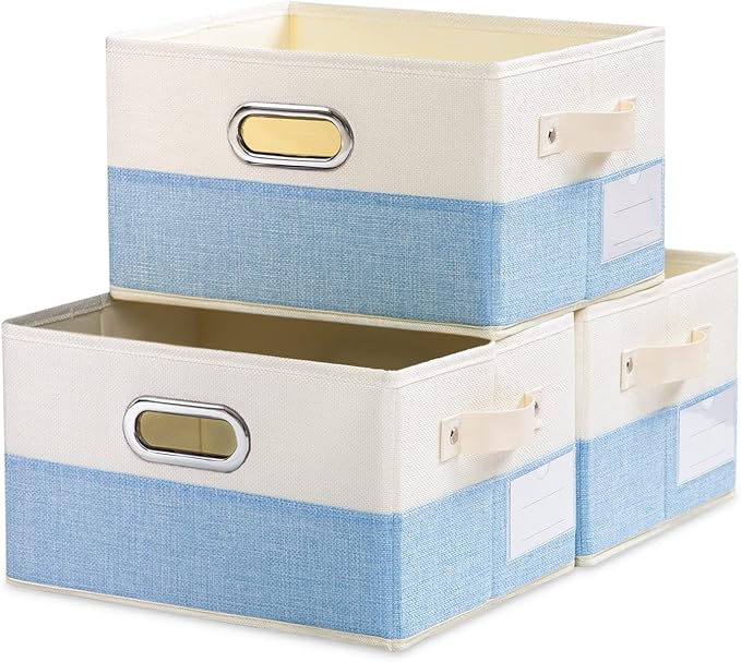 PRANDOM Fodable Storage Bins for Closet [3-pack] Decorative Fabric Storage Baskets Cubes with Leather/Metal Handles for Shelves Bedroom Living Room Blue&Cream (11.5x8.5x6.7 Inch) by Prandom