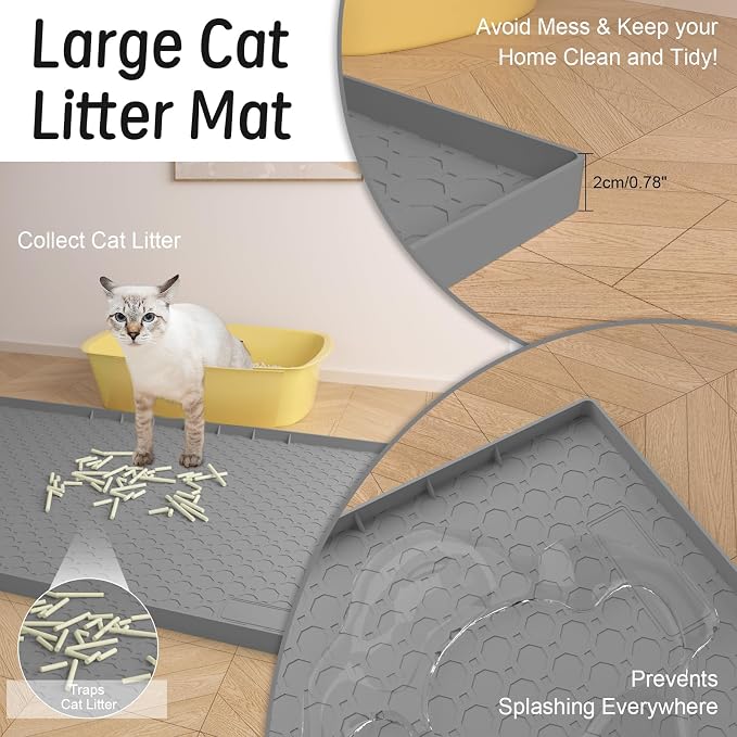 Silicone Large Cat Litter Mat 34" X 22", Cat Mat for Litter Box, Cats Litter Trapping Mats with Raised Edges, Non-Slip and Urine Waterproof Surface, Gray - Image 3