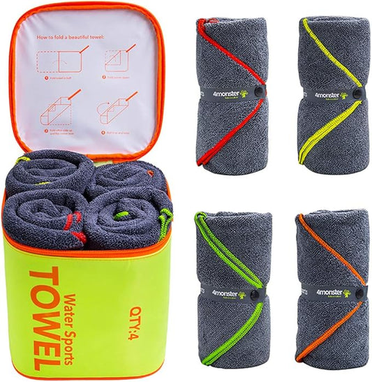 4Monster 4-Pack Quick Dry Microfiber Travel Towels – Super Absorbent, Ultra-Soft Camping Towel Set with Water-Resistant Bag, Lightweight & Compact for RV, Gym, Beach, Pool, Swimming, and Family Trips by 4Monster
