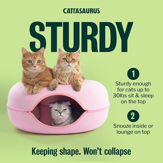 Cattasaurus Peekaboo Cat Cave Donut for Multiple & Large Cats up to 30-45 lbs, 3-in-1 Self Warming Cat Bed, Tunnel & Scratcher for Indoor Cats, Washable & Detachable Small Dog Bed (Pink, Large) - Image 4