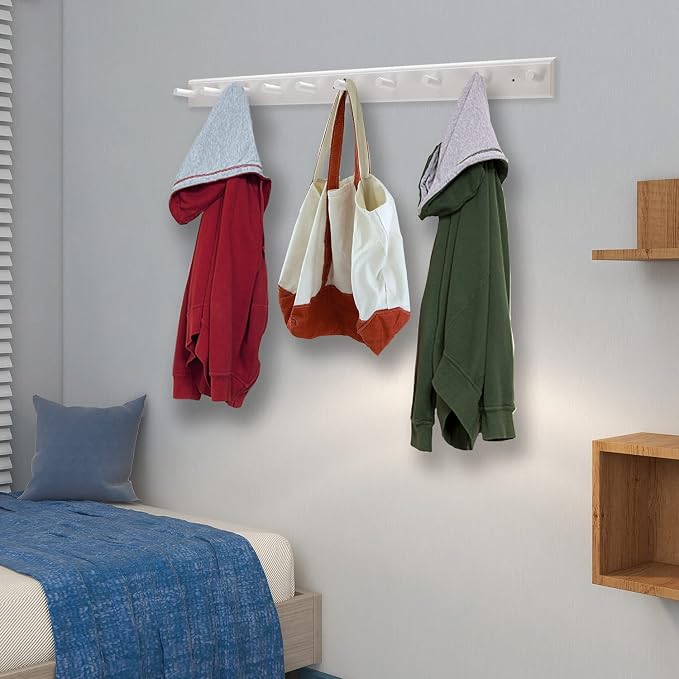 10 Hook Coat Rack Wall Mounted, Long 38 Inches Wooden Wall Coat Hanger with 10 Pegs, 16'' Hole to Hole Wall Coat Hooks for Hanging Towels, Hats, Backpacks, Clothing, Caps (White - Image 5