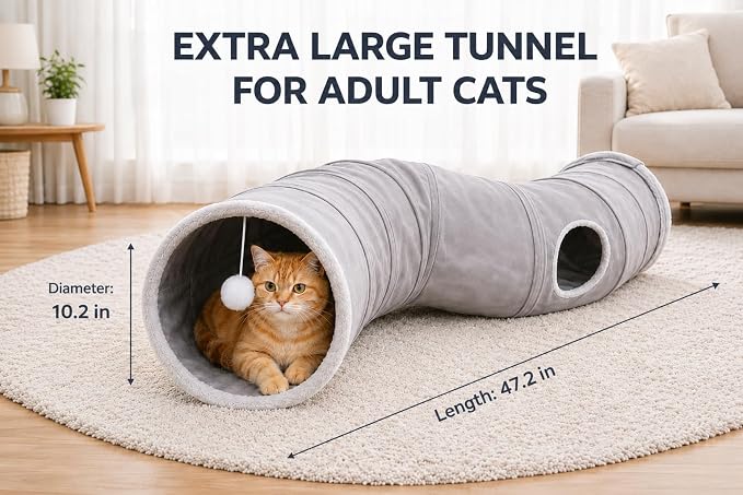 Cat Tunnel for Indoor Cats, Collapsible Cat Play Tunnel Toy | S-Shaped Tunnel, Peephole & Hanging Ball, Foldable Storage, 10.2" Opening for Kittens and Indoor Cats - Image 5