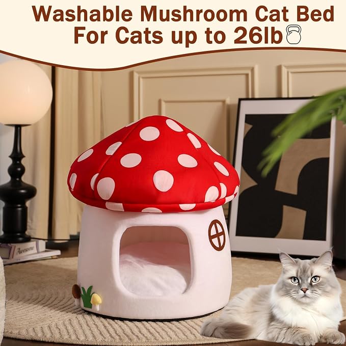 Mushroom Cow Cat Bed House for Indoor Cats & Small Dogs - Soft Cave-Style Pet Nest with Removable Washable Cushion, Plush Semi-Enclosed Cat Cave Tent, Red & White, Cozy Non-Slip Calming Bed - Image 5