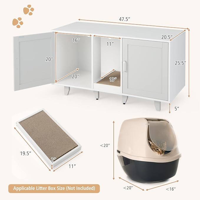 Tangkula Double Cat Litter Box Enclosure for 2 Cats, Large Stackable Hidden Privacy Cat Washroom Cabinet with Scratching Board, Indoor Cat House TV Stand Side Table, Litter Box Furniture (Grey) - Image 5