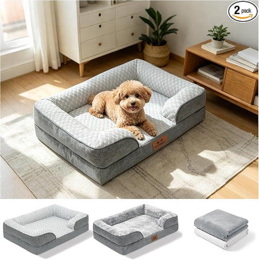 Orthopedic Dog Bed Medium Sized Dog with 2 Pack Removable Washable Covers - Soft Plush & Cooling Surface, Waterproof Dog Bed 30 Inch Pet Bed with Egg-Crate Foam and Non-Skid Bottom by PTHMKJ