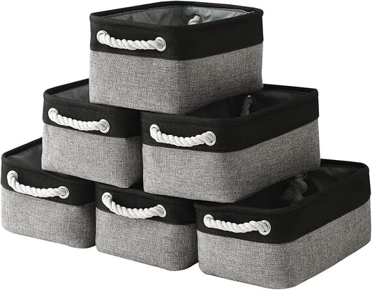TheWarmHome Storage Basket for Organizing - 12x8x5.2 inch Small 6 Pack Collapsible Storage Bin for Shelves with Rope, Fabric Storage Cubes for Cloth Gift Toy Decorative Organizer (Black & Grey) by TheWarmHome