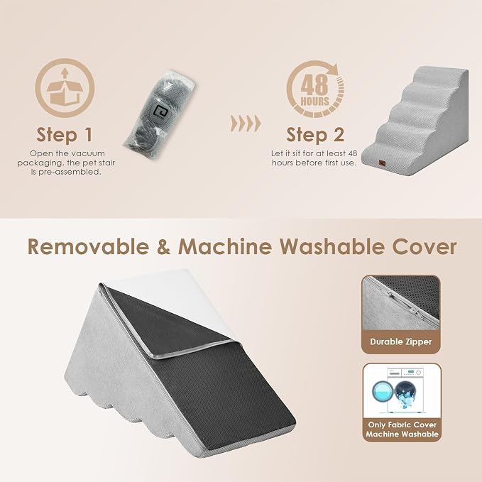 EHEYCIGA Curved Dog Stairs Ramp for High Beds, 5-Step Extra Wide Dog Steps for Small Dogs and Cats, Pet Stairs for High Bed Climbing, Non-Slip Balanced Pet Step Indoor, Light Grey - Image 7
