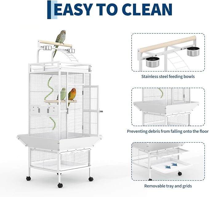 60" h Large Bird Cage, Indoor Parakeet Cage with Playtop, Bird Rope Perche, Heavy Duty Wrought Iron Bird Cage on Wheels for Parrots, Parakeets, Cockatiels, Conures - Image 6