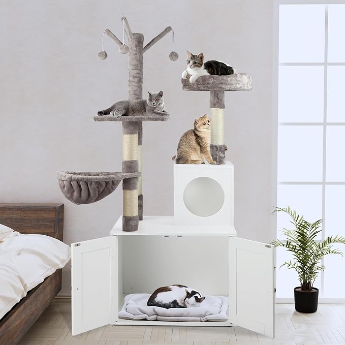 Timberer Litter Box Enclosure with Cat Tree, 2-in-1 Hidden Litter Box Furniture with Scratching Post, Modern Cat Condo, White - Image 3