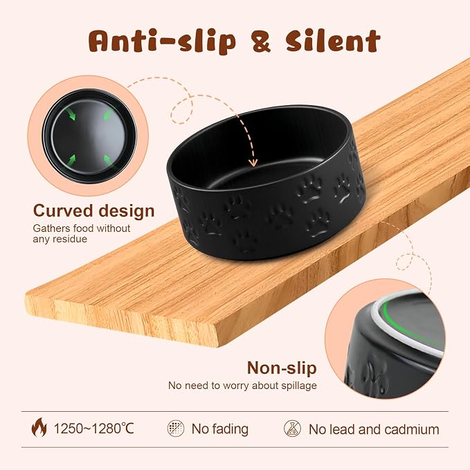 SPUNKYJUNKY Ceramic Elevated Dog Bowl Set with Acacia Wood Stand for Food and Water for Cats and Small Dogs (13.52 OZ, Black, Dog Paw Pattern) - Image 5