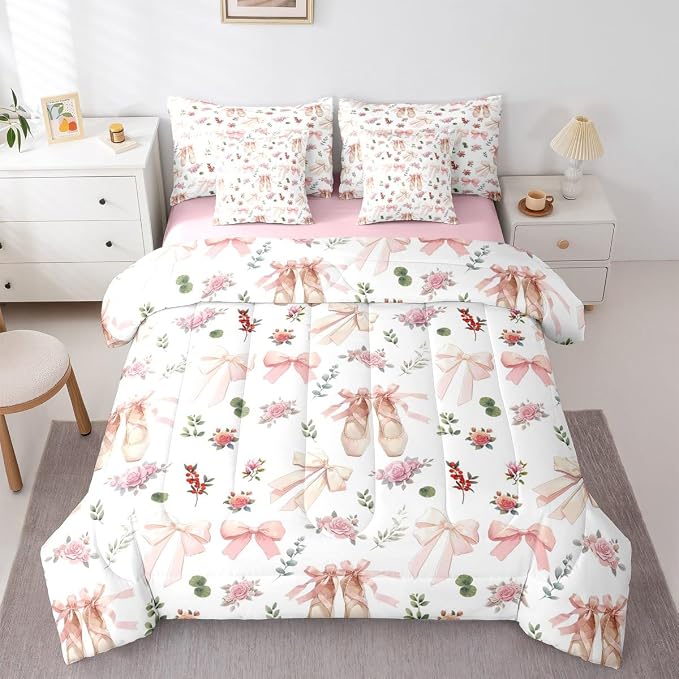 Feelyou Pink Flower 7 Piece Bedding Set Exquisite Dance Shoes Comforter Set with Sheets for Kids Boys Girls Gentle Bow Bed in a Bag Princess Style Bed Set Soft Lightweight by Feelyou