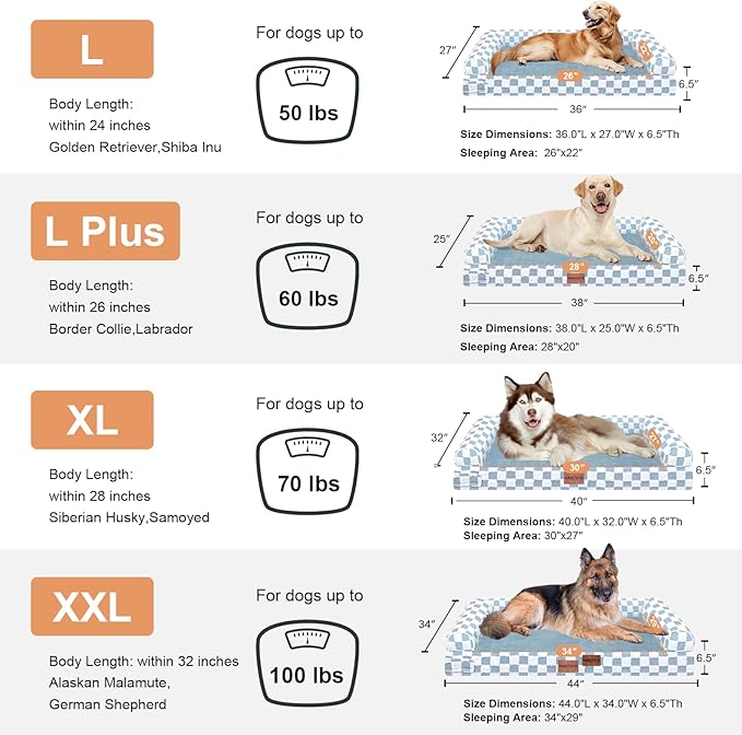 NANUYA Orthopedic Dog Bed for XX-Large Dogs, 44 x 34 Inch, Blue Grid | Egg crate foam for joint support, 3-sided bolster pet sofa, waterproof lining, washable cover, and non-skid base - Image 7