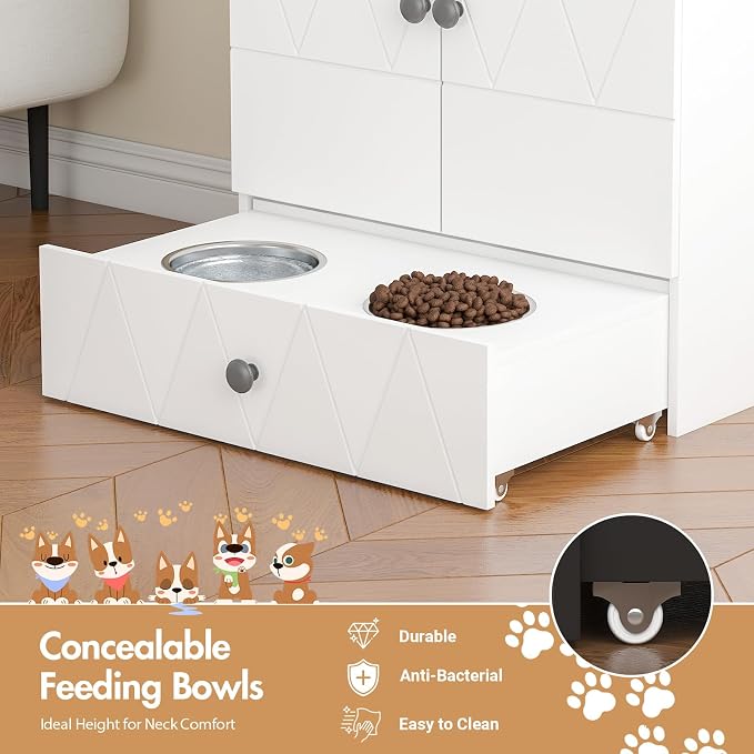 Pet Feeding Station with Storage, Raised Dog Bowls, Pet Feeder Cabinet, with Adjustable Shelves, Rolling Drawer, Hooks, for Feeding & Watering Supplies (Light) - Image 4