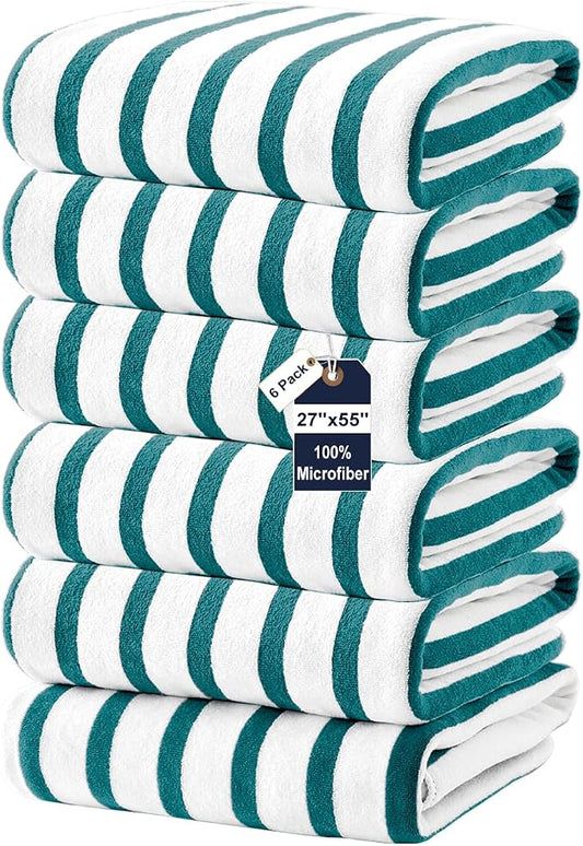 JML Microfiber Beach Towels, 6 Pack, 27" x 55", Cabana Stripe Dark Green | Soft, Absorbent, Quick Drying Lint-Free, No Fading for Summer Party, Pool, Sport, Yoga, Swimming by JML